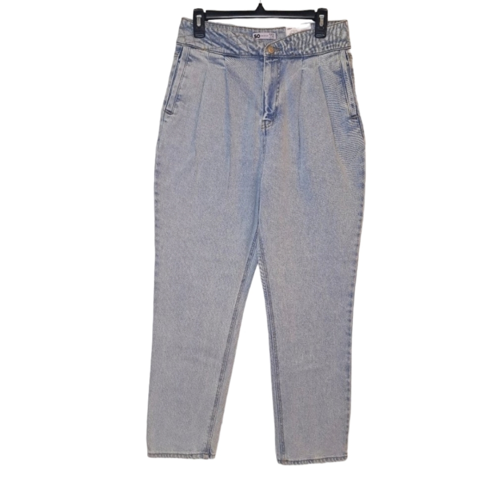 NEW SO Light Wash Straight Leg Pleated Crossover Waist Jeans Size 11